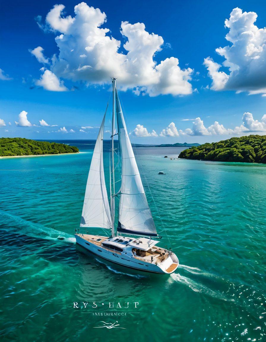 A serene yacht cruising through crystal-clear waters, surrounded by lush green islands under a bright blue sky. The yacht is elegantly designed, showcasing its sails billowing in the wind, symbolizing freedom and adventure. In the foreground, a safety buoy with the words 'Stay Afloat' prominently displayed, hinting at the theme of insurance strategies. The scene captures a sense of tranquility and assurance for yacht owners. super-realistic. vibrant colors. ocean theme.