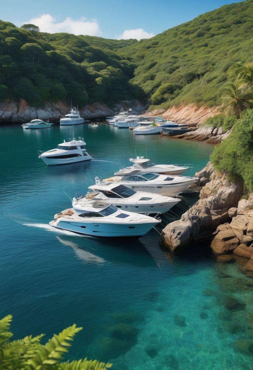 A serene coastal scene with a detailed view of a variety of boats anchored safely in a harbor, showcasing diverse marine insurance coverage options like yachts, fishing boats, and sailboats. Include a clear blue sky, gentle waves, and a background of lush greenery to symbolize protection and stability. Add visual elements like insurance documents fluttering in the breeze, and a shield icon subtly integrated into the scene. super-realistic. vibrant colors. 3D.